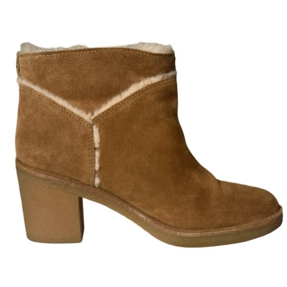 UGG Kasen Ankle Boots Womens 6.5 Tan Suede Leather Shearling Lined 3" Block Heel - Picture 2 of 10